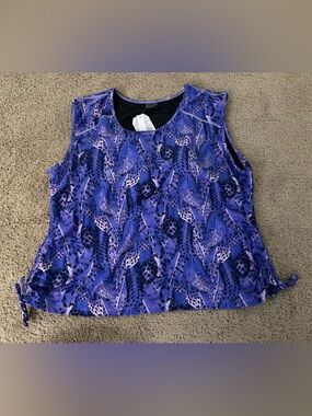 Sleeveless Purple Feather Print Swim Top with Side Ties.